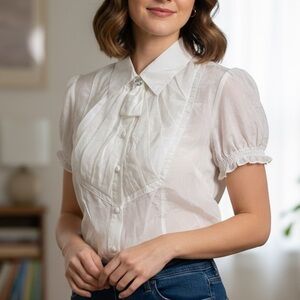 NWT S Line White Sheer Tuxedo Pleated Blouse Silk Blend Size Medium